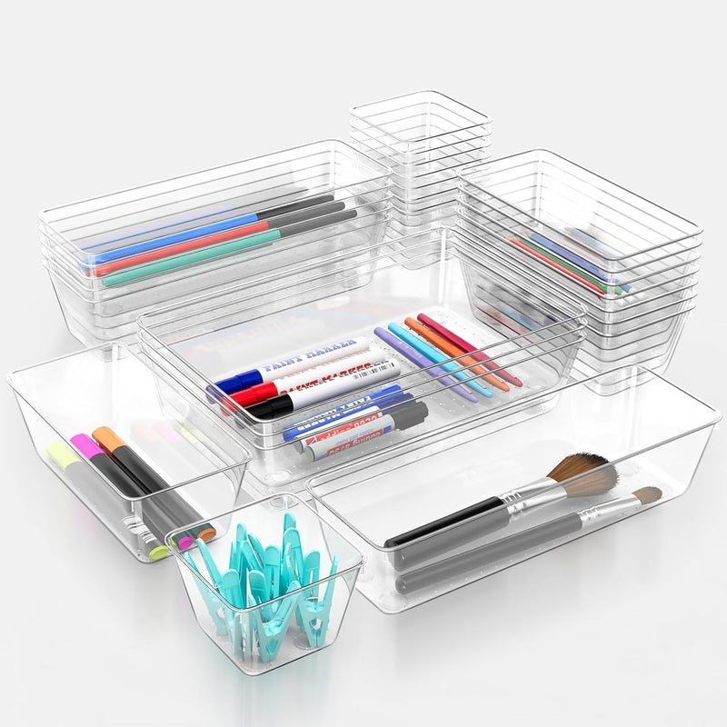 Freshmage 25 Piece Clear Drawer Organizer Set, 4 Sizes Bathroom Vanity Organizer Trays and Storage Bins for Makeup, Cosmetics, Jewelry, and Gadgets. Perfect for Office, Kitchen, Bedroom, Bathroom Use. - Image 3